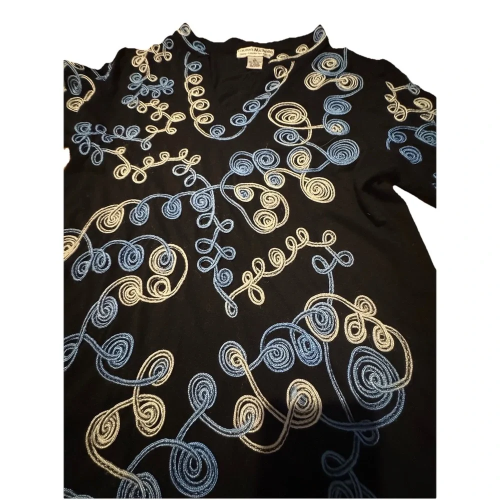 Lauren Michelle Woman Black Silver Tunic Top Blouse Applique Ribbon Sz L